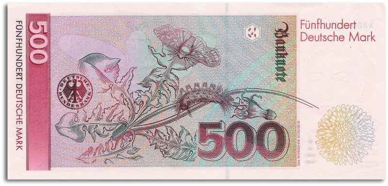 Afbeelding van een Duitse 500 DM bankbiljet.